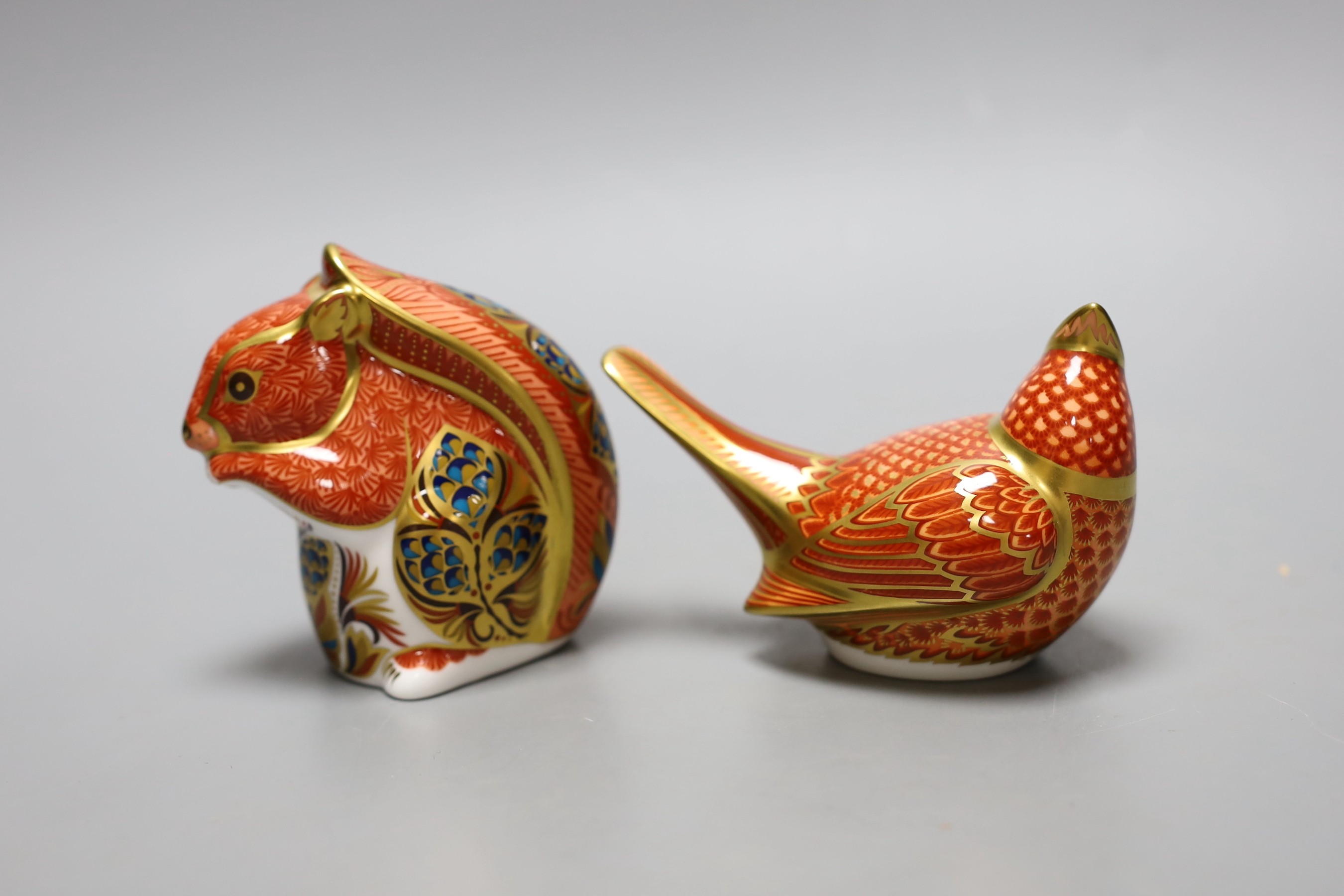 Two Royal Crown Derby paperweights - Red Squirrel, gold stopper, boxed, no certificate and American Cardinal, gold stopper, boxed, no certificate